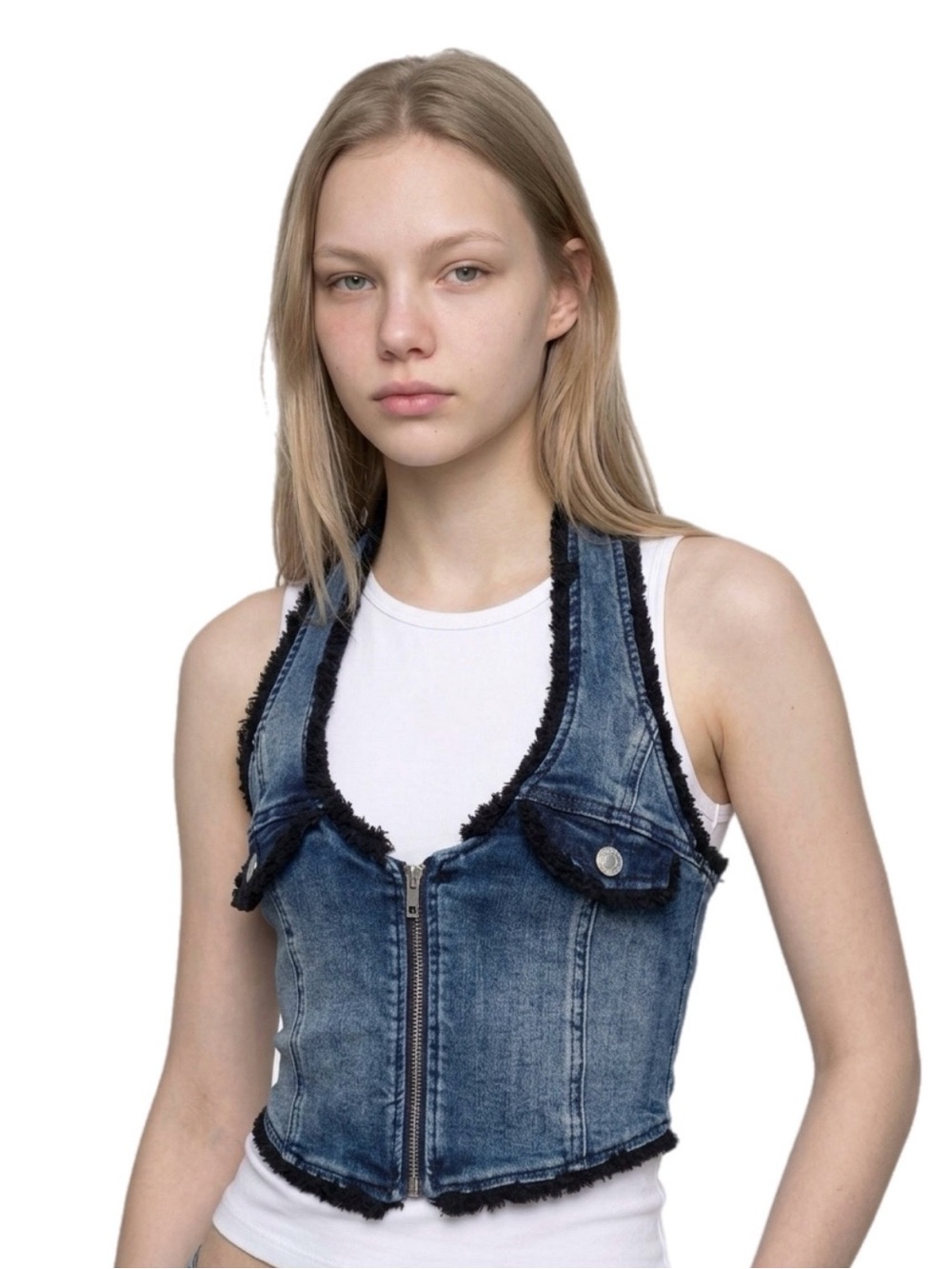 Dolls Kill Lara Denim Cropped Zip Tank Black Trim Large Generation KISS NWT